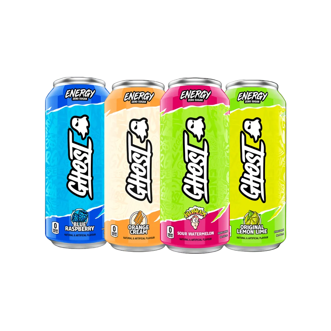 Four cans of Ghost Energy RTD in different flavors, each with its own color scheme and flavor label.
